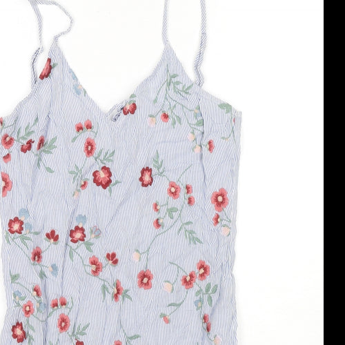 Bershka Womens Blue Striped Cotton Tank Dress Size S V-Neck Pullover - Flowers