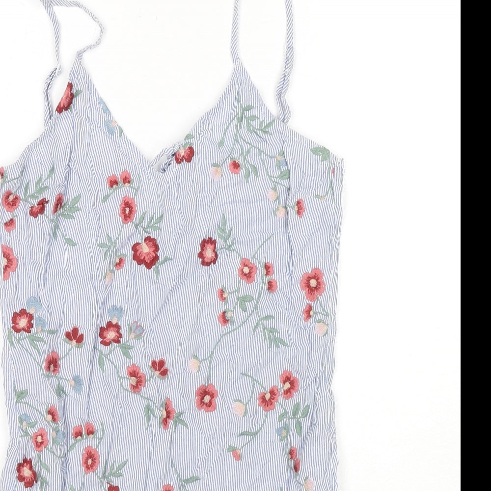 Bershka Womens Blue Striped Cotton Tank Dress Size S V-Neck Pullover - Flowers