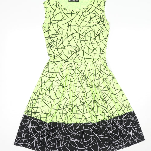 MissLook Womens Green Geometric Polyester Fit & Flare Size 10 Round Neck Pullover - Neon