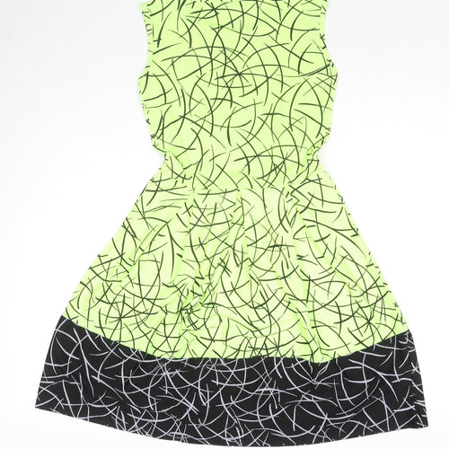 MissLook Womens Green Geometric Polyester Fit & Flare Size 10 Round Neck Pullover - Neon