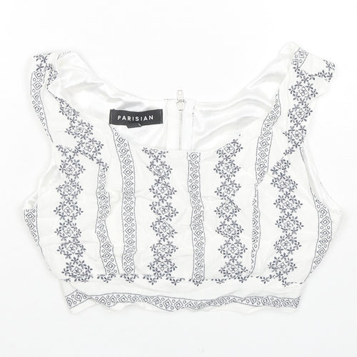 PARISIAN SIGNATURE Womens White Geometric Viscose Cropped Tank Size 8 Round Neck
