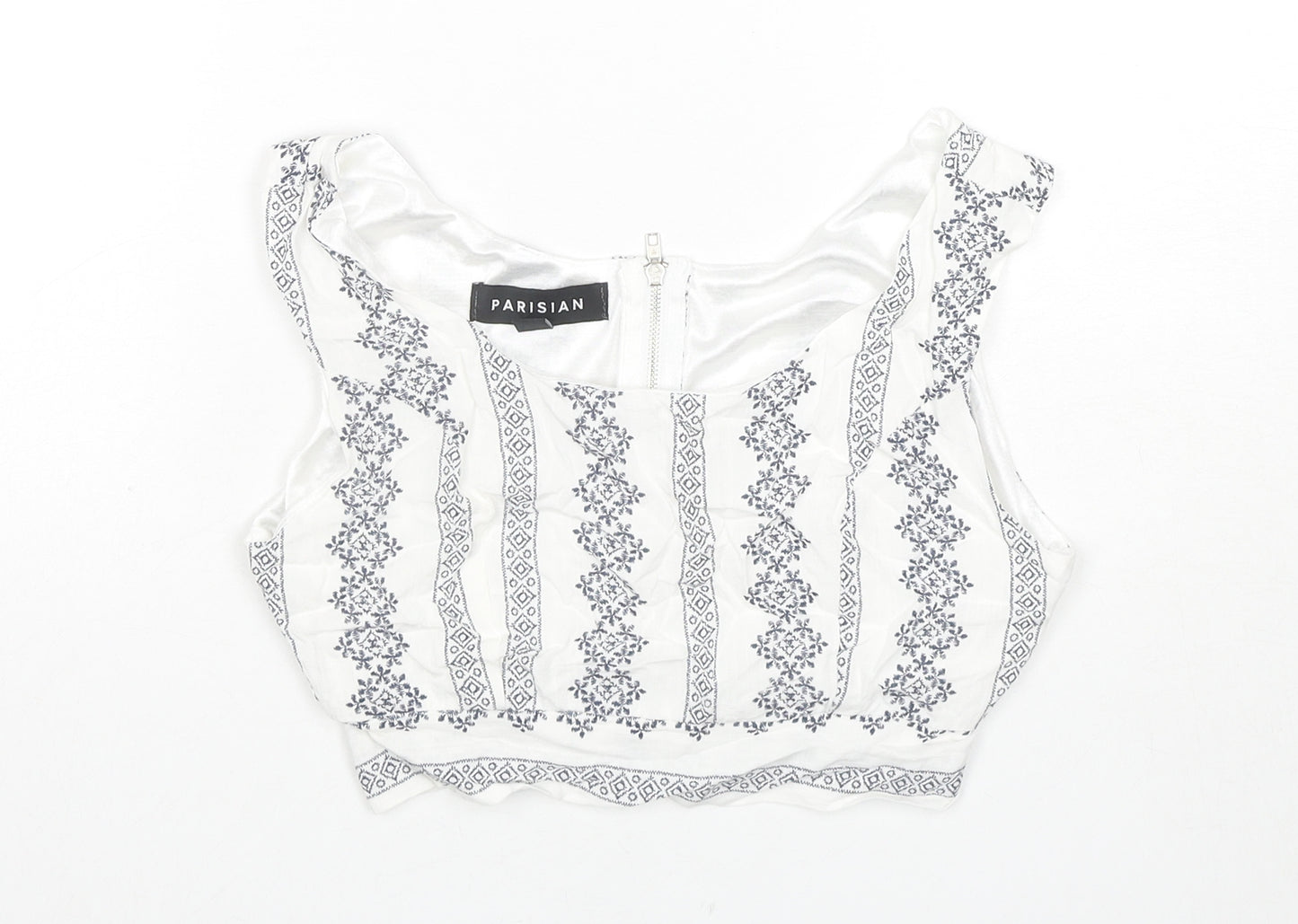 PARISIAN SIGNATURE Womens White Geometric Viscose Cropped Tank Size 8 Round Neck