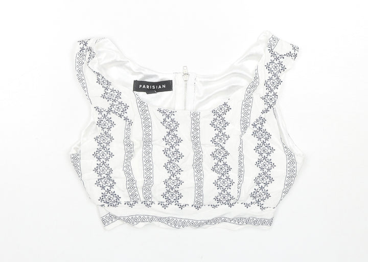 PARISIAN SIGNATURE Womens White Geometric Viscose Cropped Tank Size 8 Round Neck