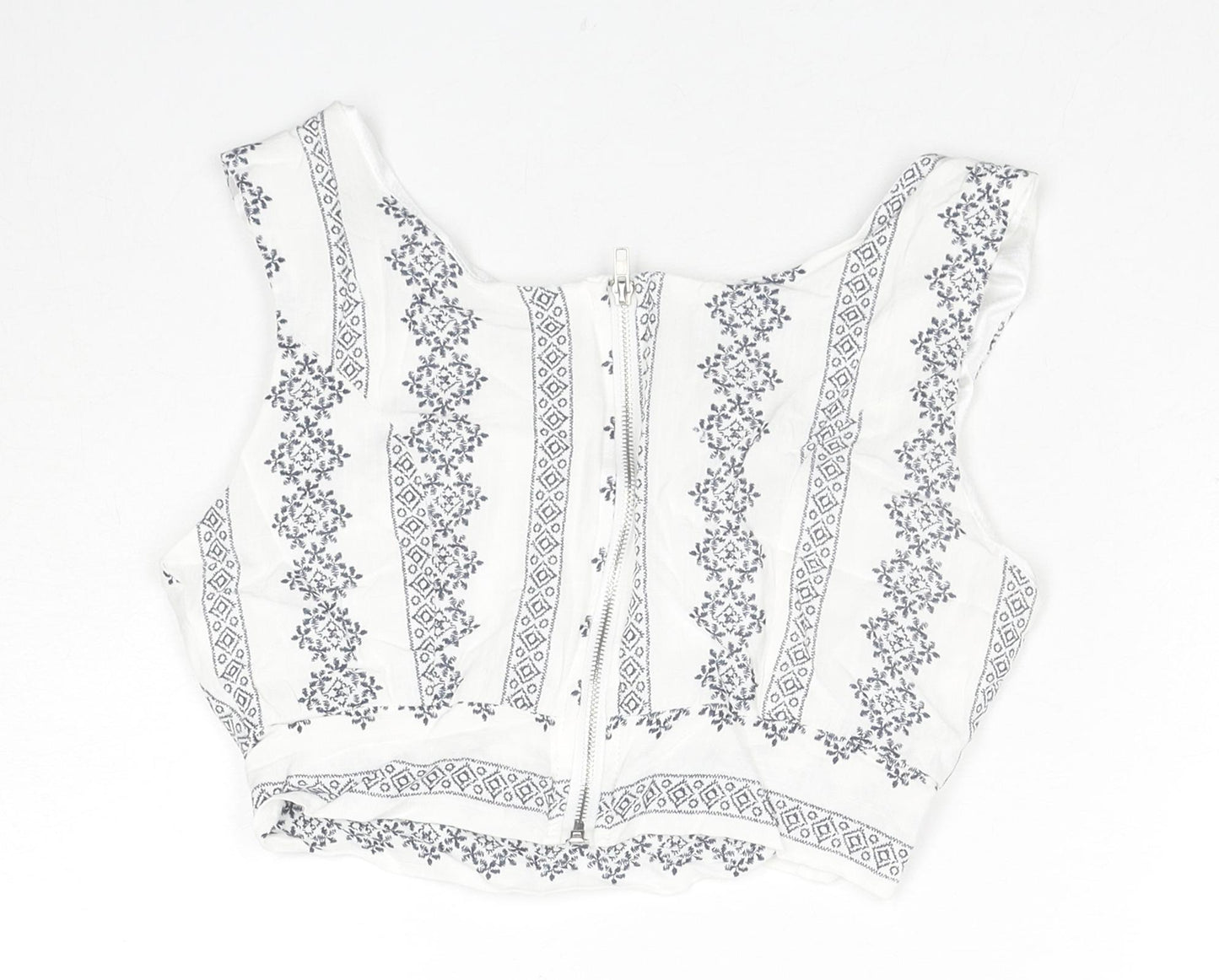PARISIAN SIGNATURE Womens White Geometric Viscose Cropped Tank Size 8 Round Neck