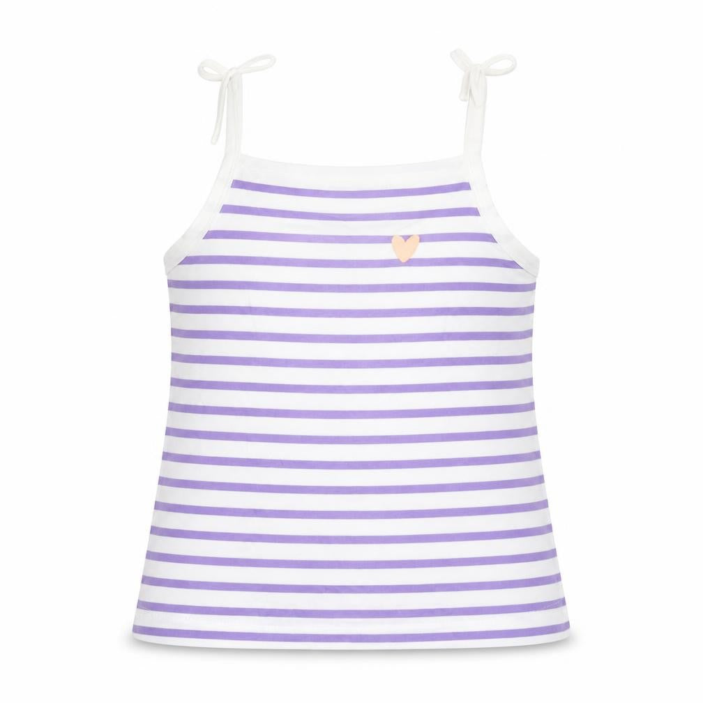 Front view of Marks & Spencer girls’ purple striped cotton basic tank, size 2-3, years square neck pullover