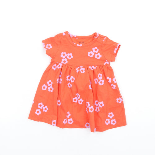 Marks and Spencer Girls Orange Floral Cotton Fit & Flare Size 0-3 Months Round Neck Snap