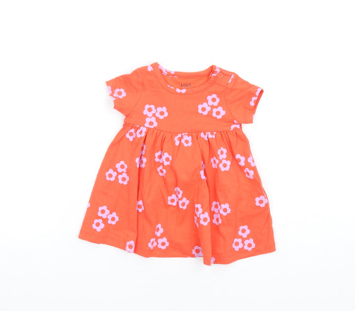 Marks and Spencer Girls Orange Floral Cotton Fit & Flare Size 0-3 Months Round Neck Snap