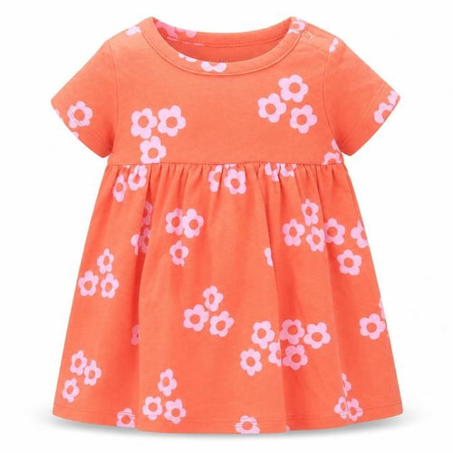 Marks and Spencer Girls Orange Floral Cotton Fit & Flare Size 0-3 Months Round Neck Snap