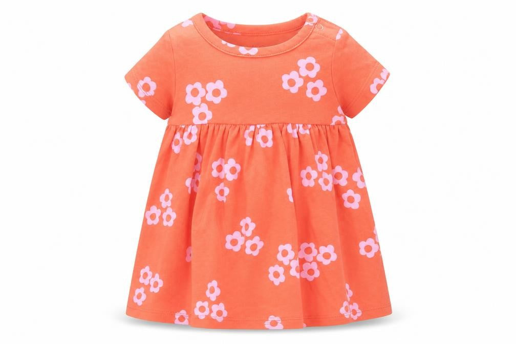 Marks and Spencer Girls Orange Floral Cotton Fit & Flare Size 0-3 Months Round Neck Snap