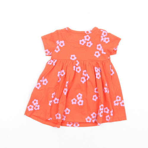 Marks and Spencer Girls Orange Floral Cotton Fit & Flare Size 0-3 Months Round Neck Snap