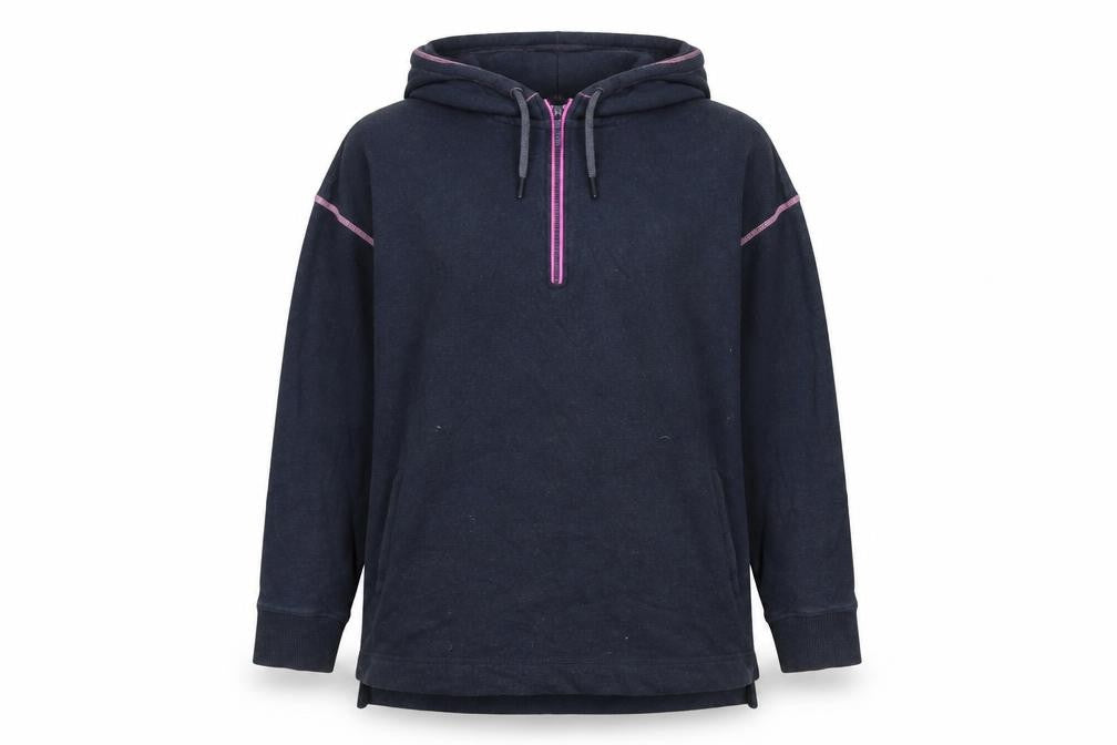 Front view of Bamboo women’s blue vinyl pullover hoodie, size UK 12, zip