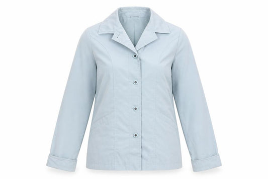 Front view of EWM women’s blue jacket coat, size UK 10, button
