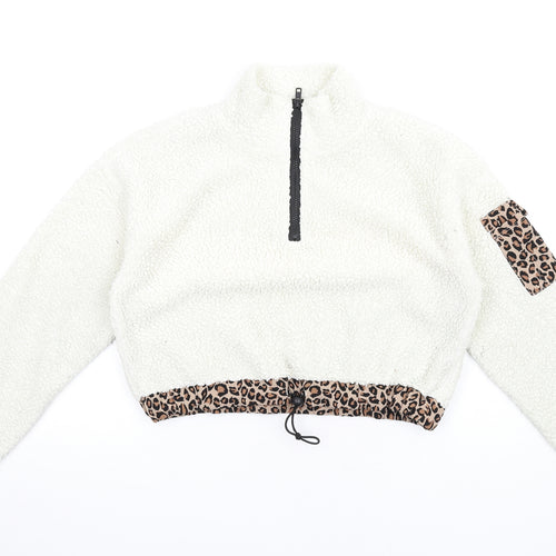 FOREVER 21 Womens Ivory Polyester Pullover Sweatshirt Size M Zip - Leopard Print Trim