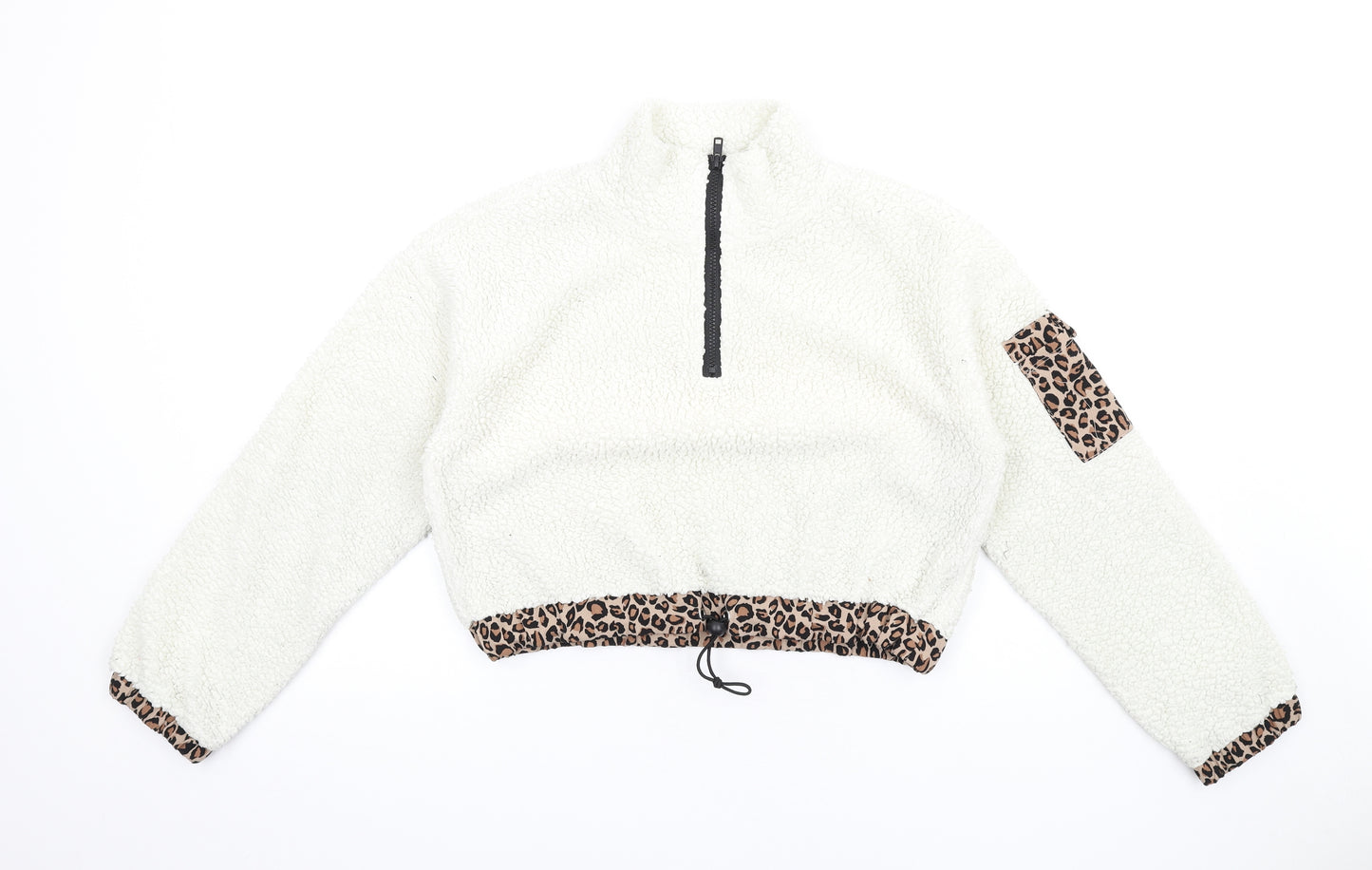 FOREVER 21 Womens Ivory Polyester Pullover Sweatshirt Size M Zip - Leopard Print Trim