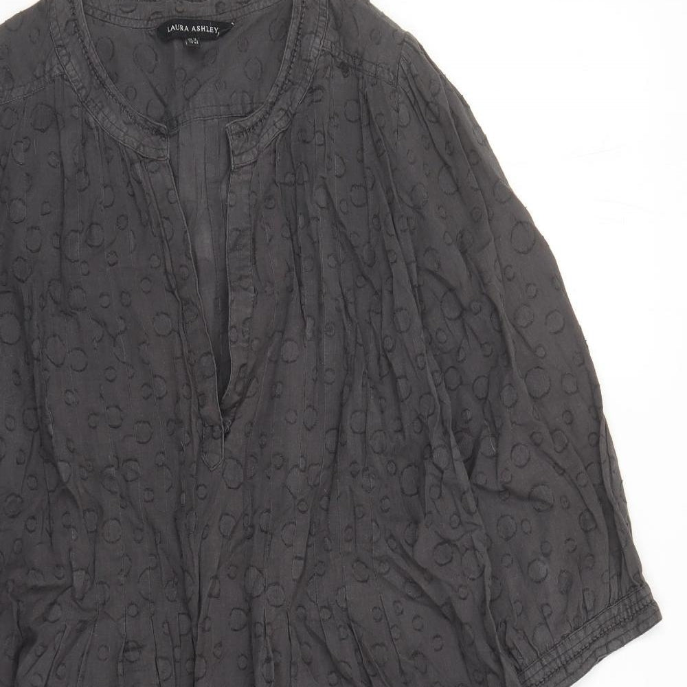 Laura Ashley Womens Grey Polka Dot 100% Cotton Tunic Blouse Size 16 V-Neck - Pockets