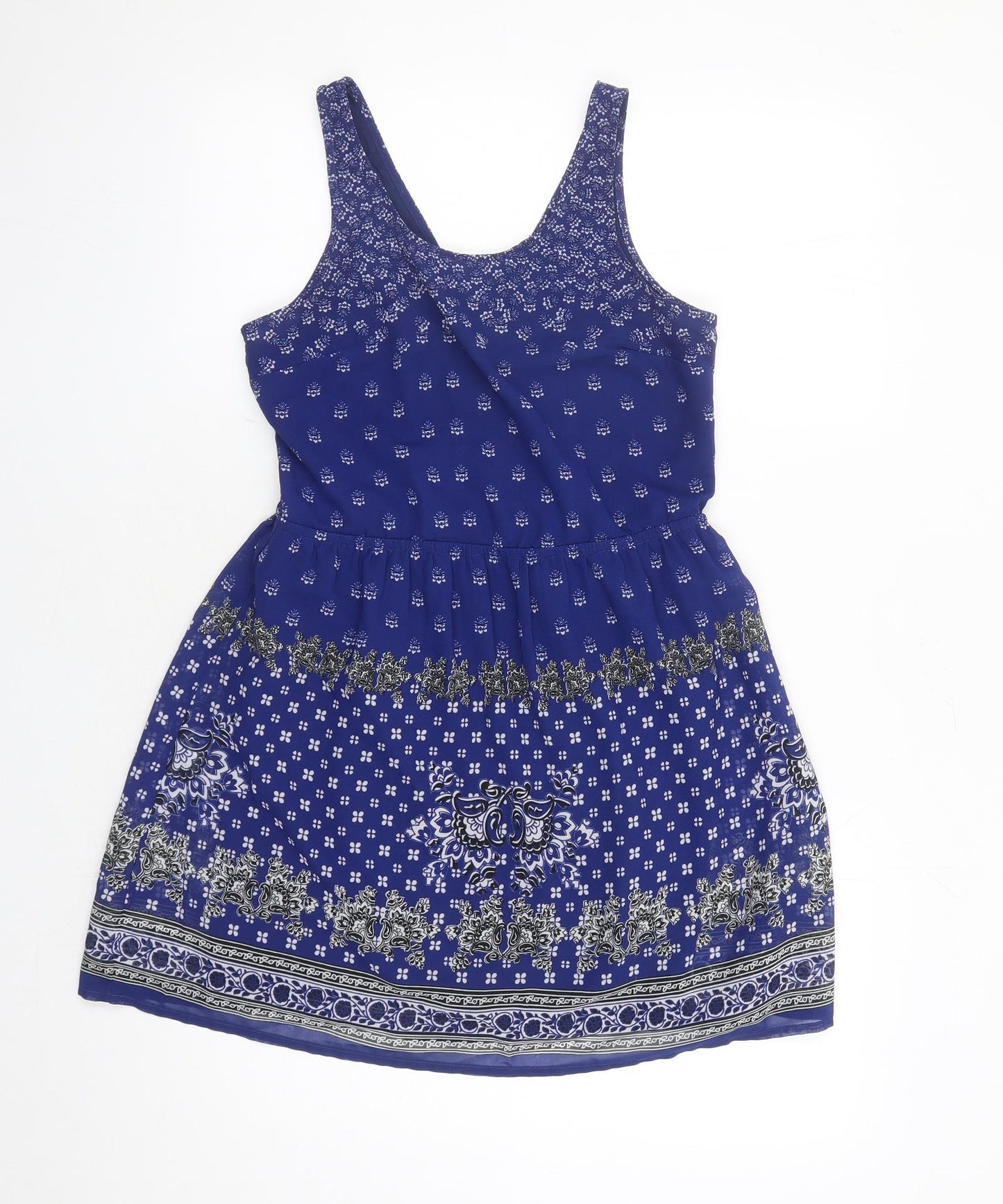 H&M Womens Blue Geometric Polyester Skater Dress Size 10 Round Neck Pullover - Lined