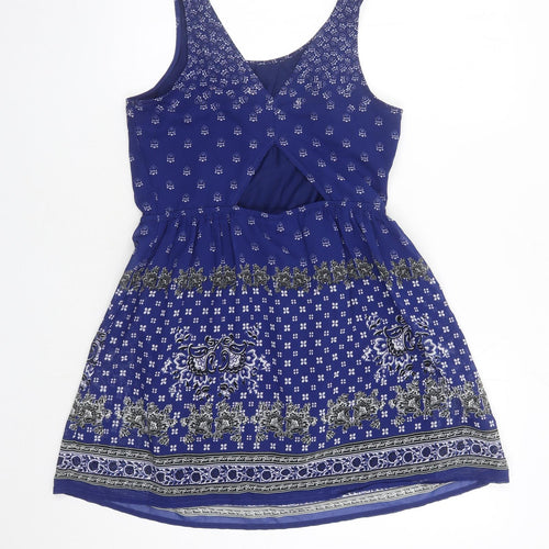 H&M Womens Blue Geometric Polyester Skater Dress Size 10 Round Neck Pullover - Lined