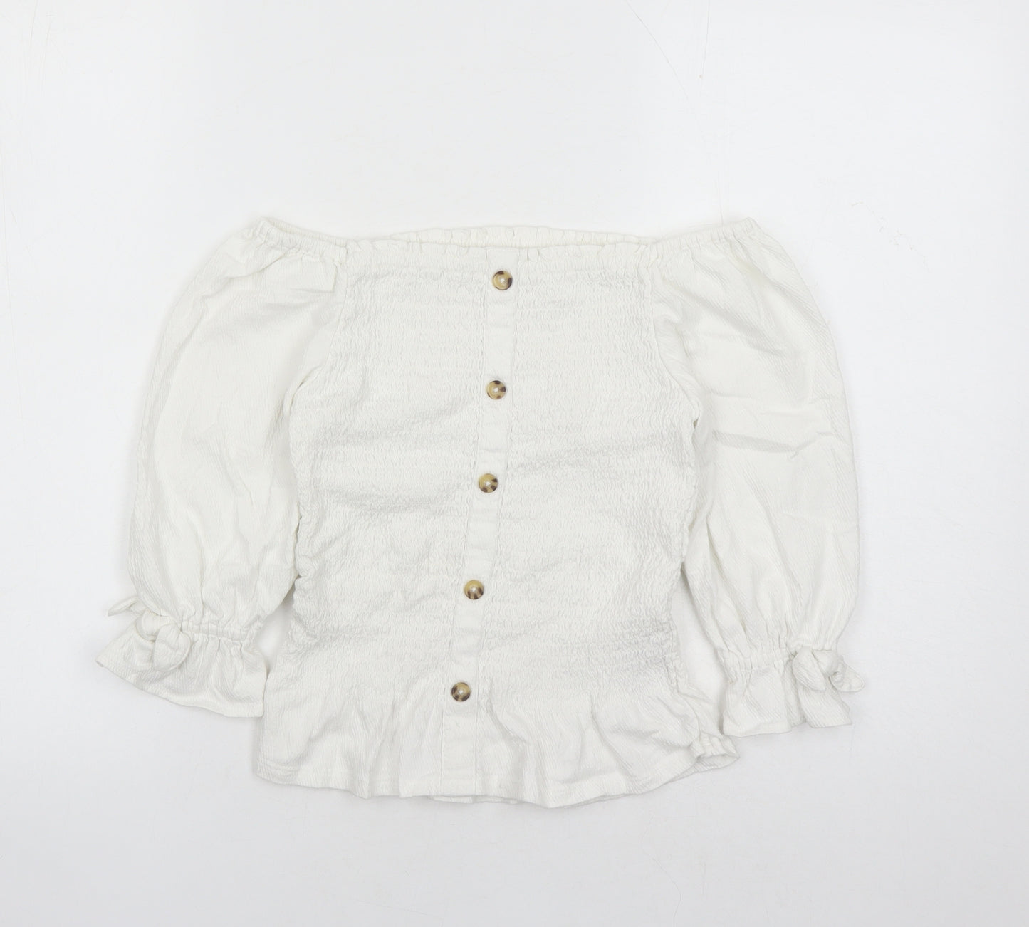 Marks and Spencer Girls White Cotton Basic Blouse Size 10-11 Years Off the Shoulder Pullover - Stretch Button Detail