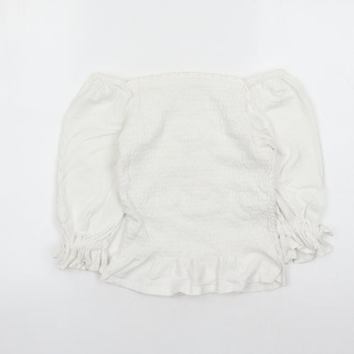 Marks and Spencer Girls White Cotton Basic Blouse Size 10-11 Years Off the Shoulder Pullover - Stretch Button Detail