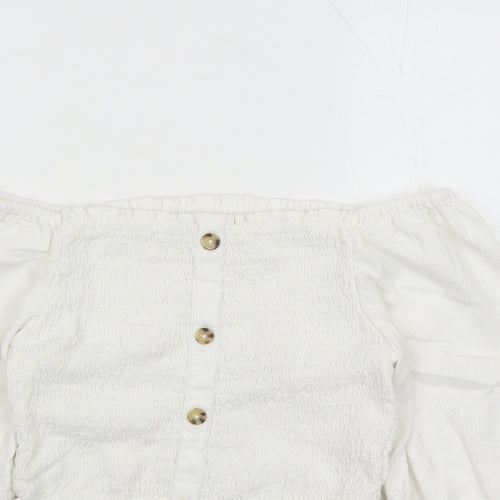 Marks and Spencer Girls White Cotton Basic Blouse Size 10-11 Years Off the Shoulder Pullover - Stretch Button Detail