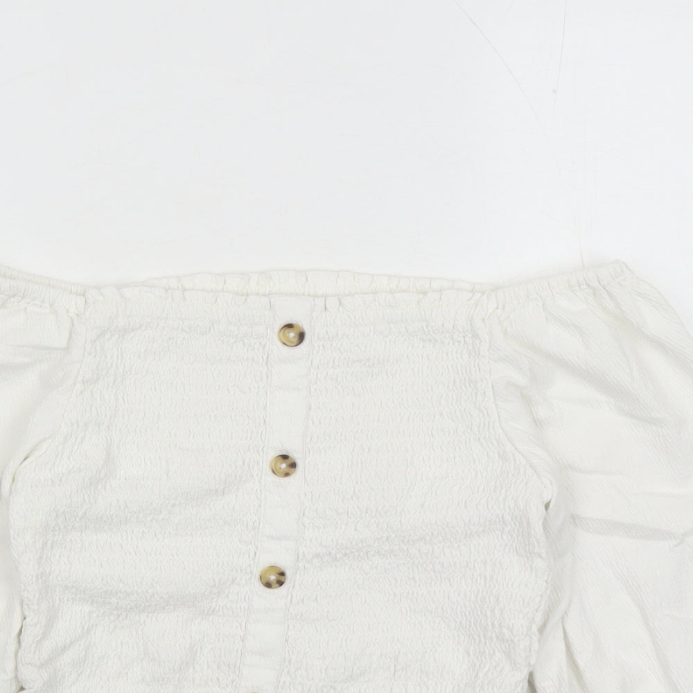 Marks and Spencer Girls White Cotton Basic Blouse Size 10-11 Years Off the Shoulder Pullover - Stretch Button Detail
