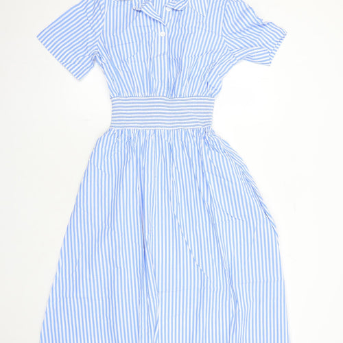 Albaray Womens Blue Striped 100% Cotton Shirt Dress Size 10 Collared Button - Elasticated Waist Detail