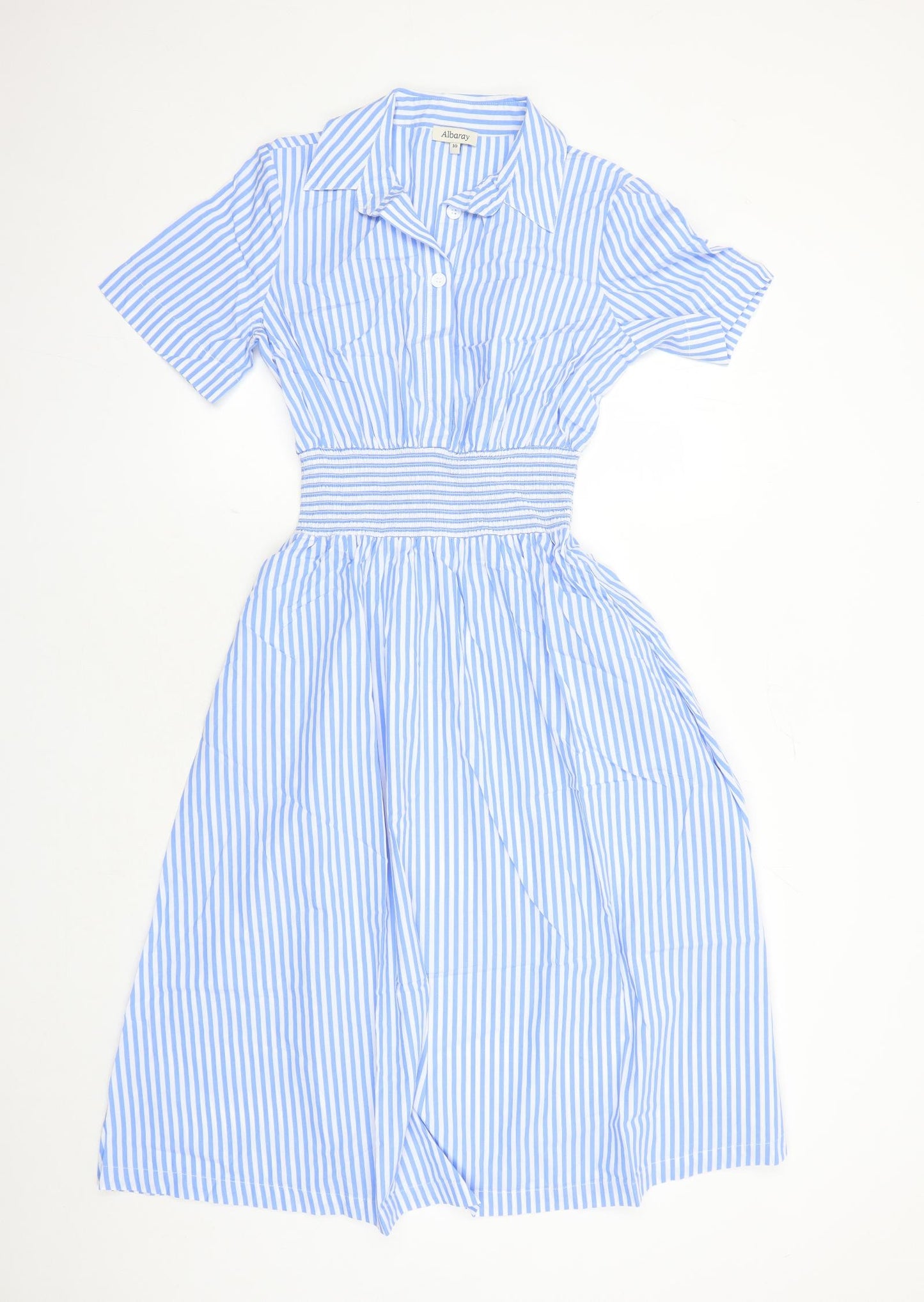 Albaray Womens Blue Striped 100% Cotton Shirt Dress Size 10 Collared Button - Elasticated Waist Detail
