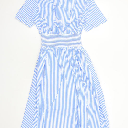 Albaray Womens Blue Striped 100% Cotton Shirt Dress Size 10 Collared Button - Elasticated Waist Detail