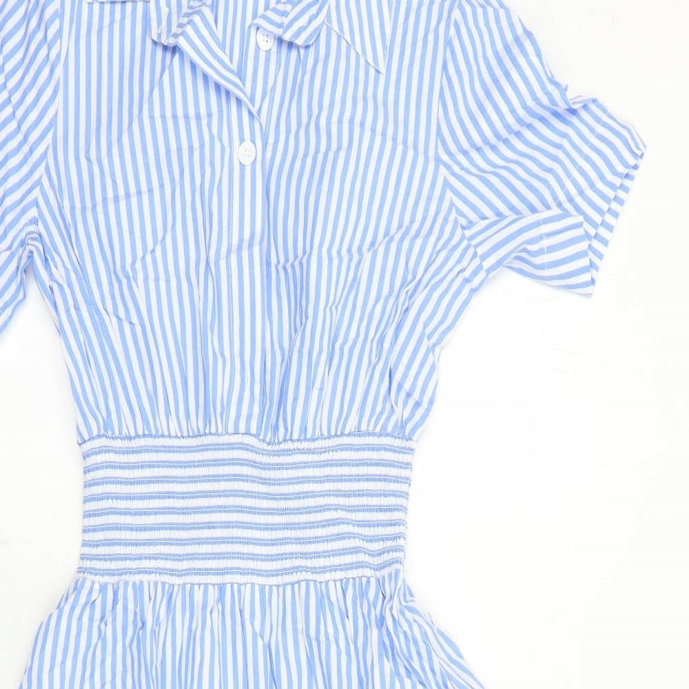 Albaray Womens Blue Striped 100% Cotton Shirt Dress Size 10 Collared Button - Elasticated Waist Detail