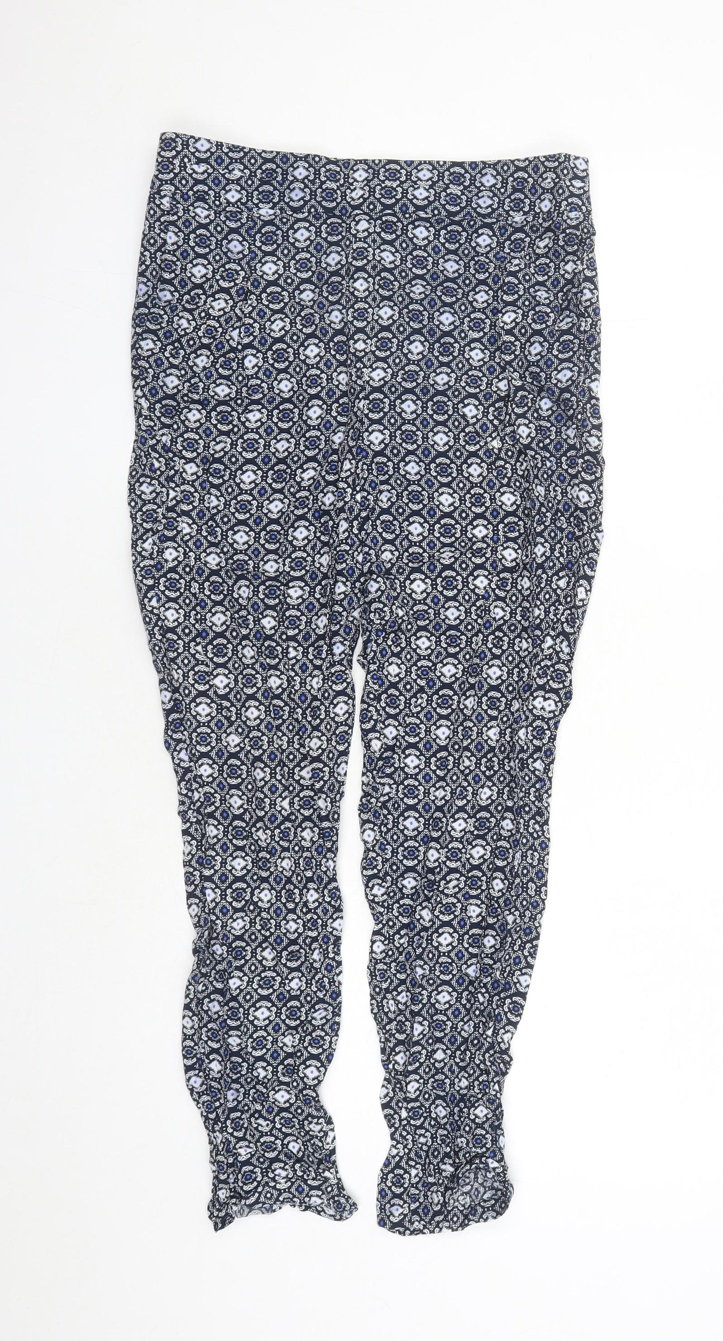 Marks and Spencer Womens Blue Geometric Viscose Capri Trousers Size 12 L25 in Regular - Elasticated Waist