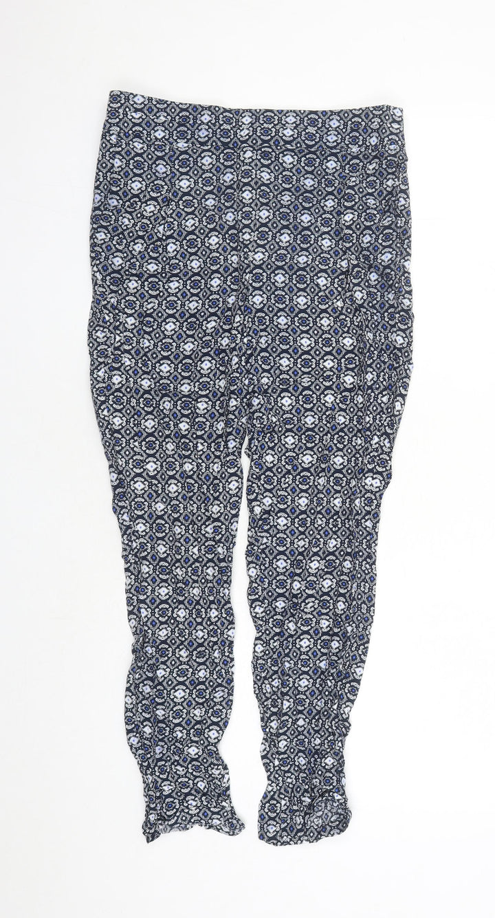 Marks and Spencer Womens Blue Geometric Viscose Capri Trousers Size 12 L25 in Regular - Elasticated Waist