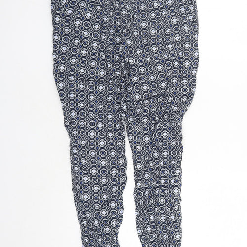 Marks and Spencer Womens Blue Geometric Viscose Capri Trousers Size 12 L25 in Regular - Elasticated Waist