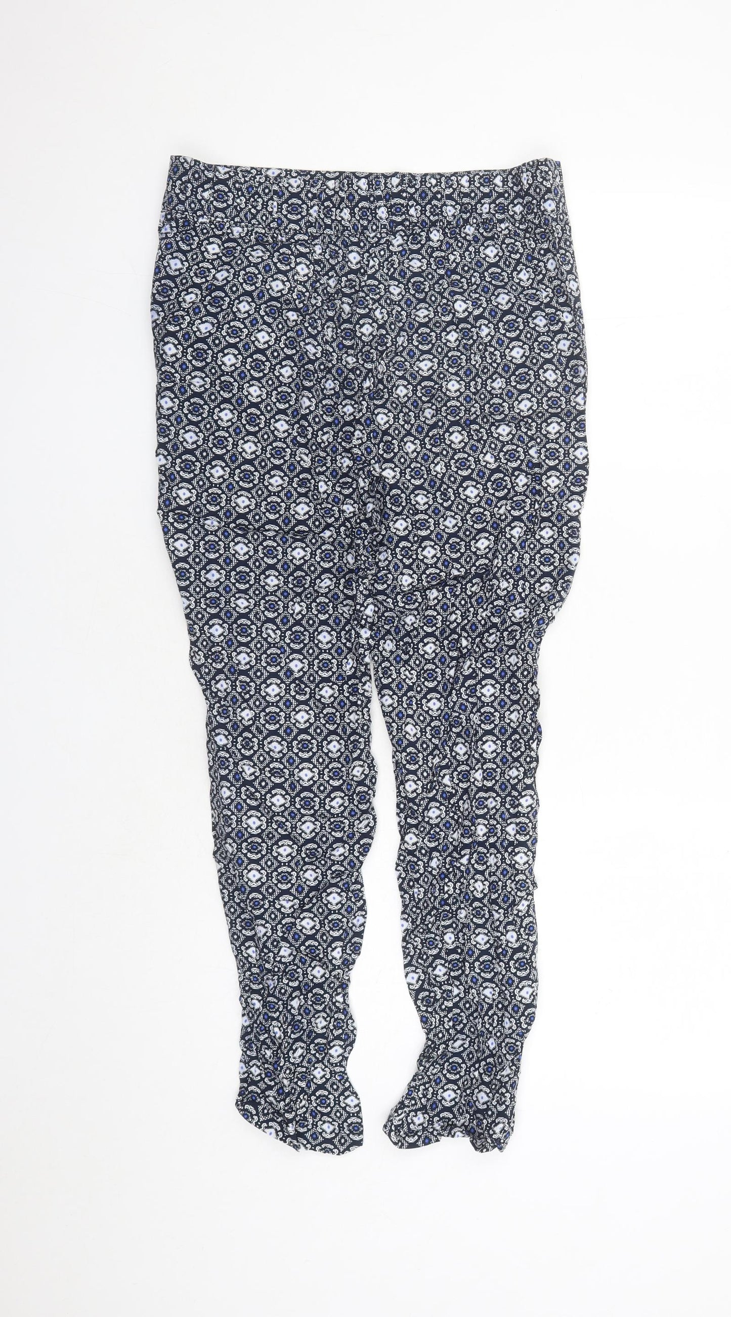Marks and Spencer Womens Blue Geometric Viscose Capri Trousers Size 12 L25 in Regular - Elasticated Waist