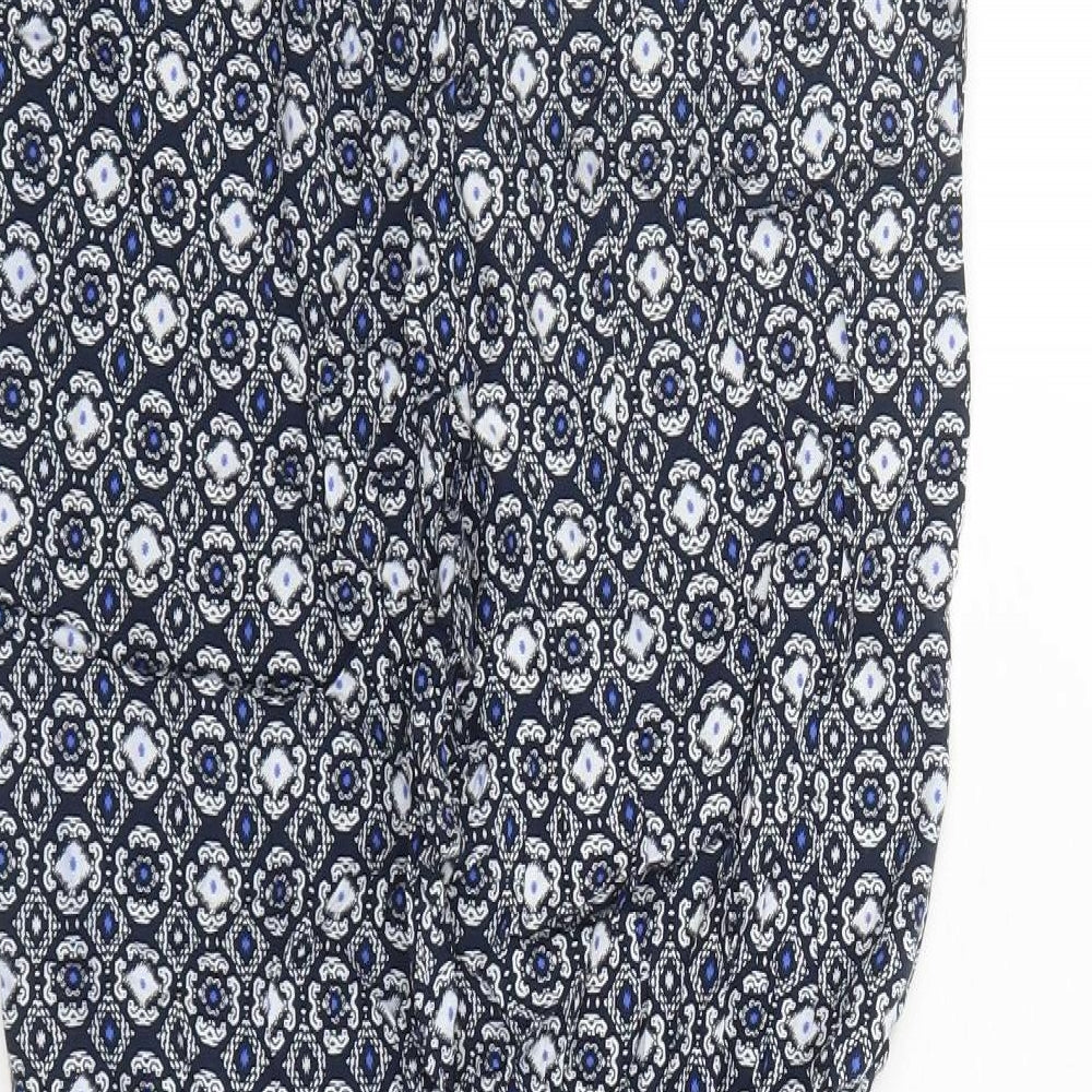 Marks and Spencer Womens Blue Geometric Viscose Capri Trousers Size 12 L25 in Regular - Elasticated Waist