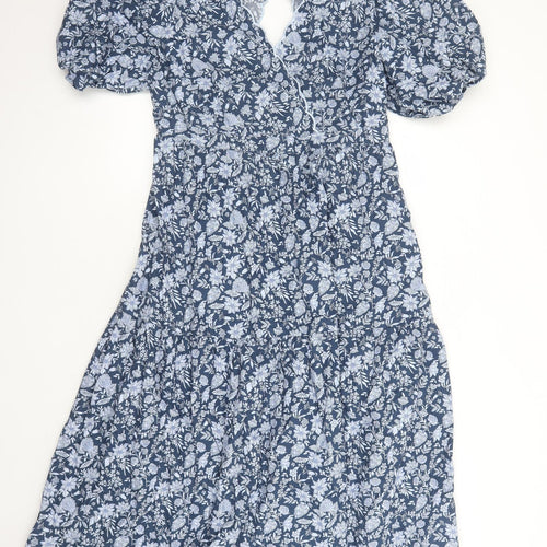 Marks and Spencer Womens Blue Floral Cotton Trapeze & Swing Size 14 V-Neck Button