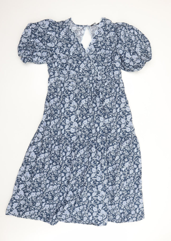 Marks and Spencer Womens Blue Floral Cotton Trapeze & Swing Size 14 V-Neck Button
