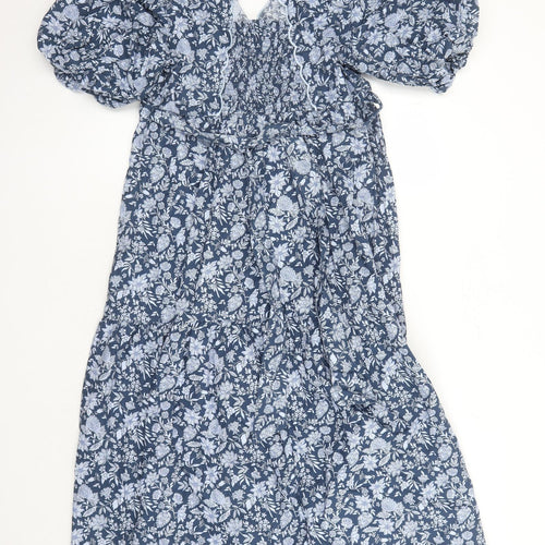 Marks and Spencer Womens Blue Floral Cotton Trapeze & Swing Size 14 V-Neck Button