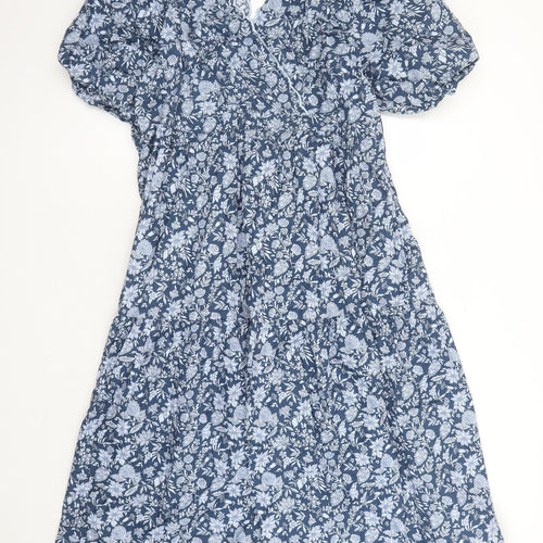 Marks and Spencer Womens Blue Floral Cotton Trapeze & Swing Size 18 V-Neck Button