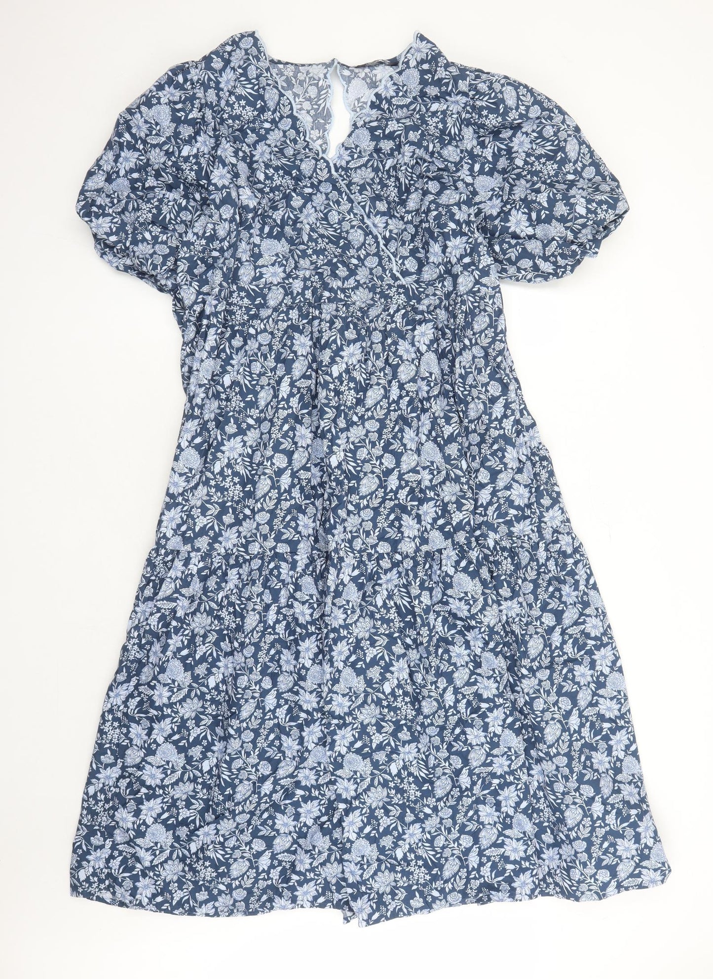Marks and Spencer Womens Blue Floral Cotton Trapeze & Swing Size 18 V-Neck Button