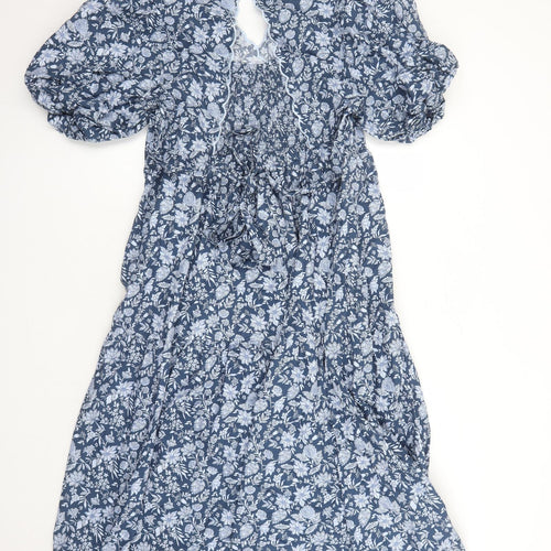 Marks and Spencer Womens Blue Floral Cotton Trapeze & Swing Size 18 V-Neck Button