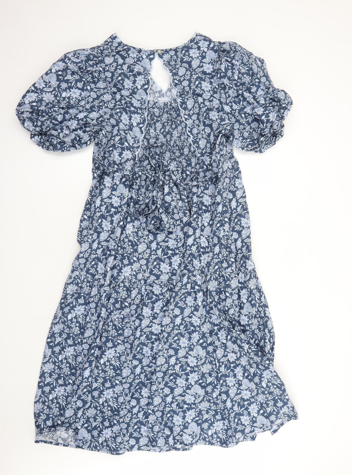 Marks and Spencer Womens Blue Floral Cotton Trapeze & Swing Size 18 V-Neck Button