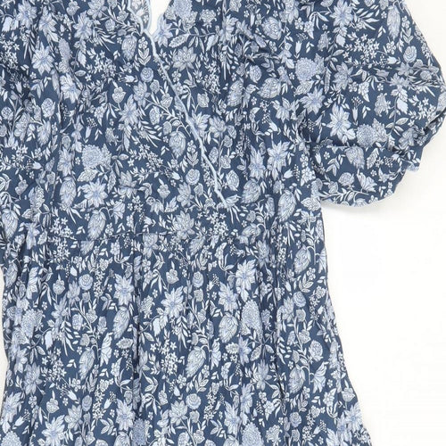 Marks and Spencer Womens Blue Floral Cotton Trapeze & Swing Size 18 V-Neck Button