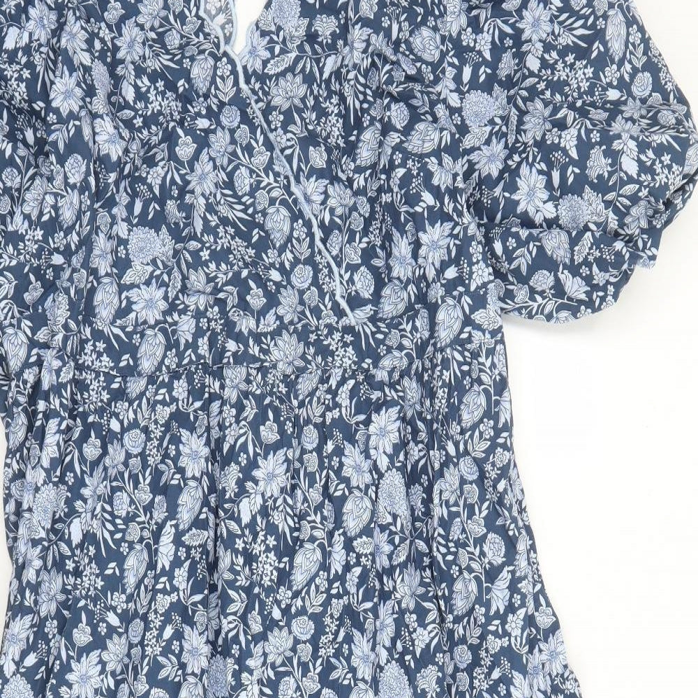 Marks and Spencer Womens Blue Floral Cotton Trapeze & Swing Size 18 V-Neck Button