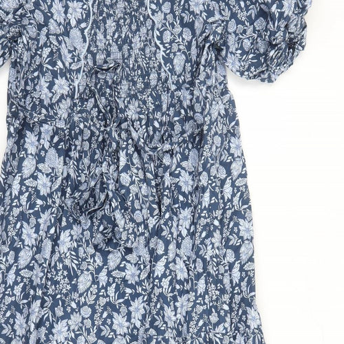 Marks and Spencer Womens Blue Floral Cotton Trapeze & Swing Size 18 V-Neck Button