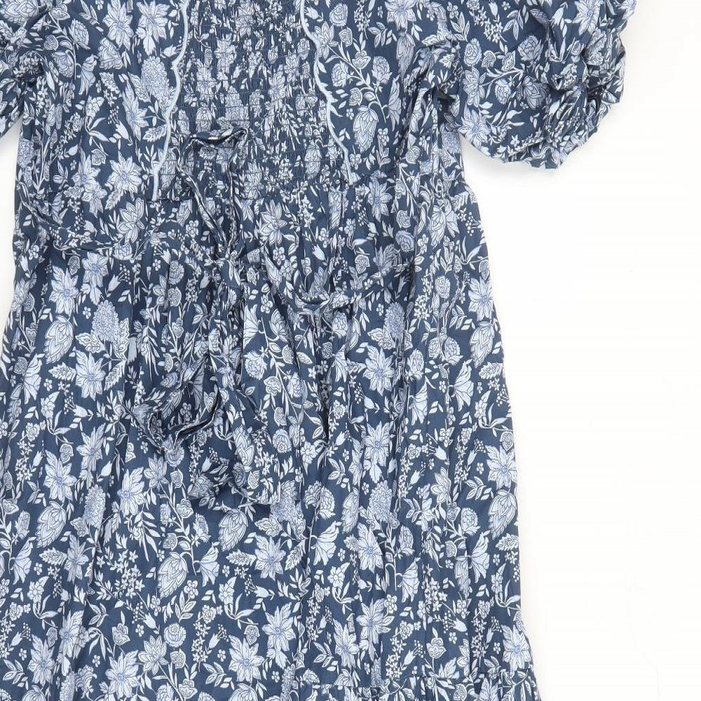Marks and Spencer Womens Blue Floral Cotton Trapeze & Swing Size 18 V-Neck Button