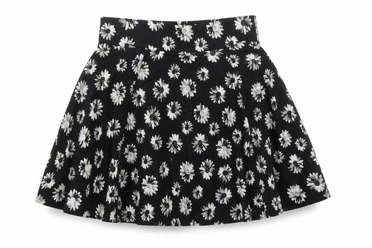 Front view of Divided by H&M women’s black floral viscose skater skirt, size XS, zip