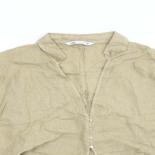 Zara Womens Brown Linen Cropped Button-Up Size XL Collared