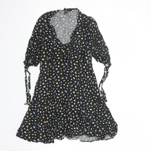 New Look Womens Black Floral Viscose A-Line Size 10 V-Neck Zip