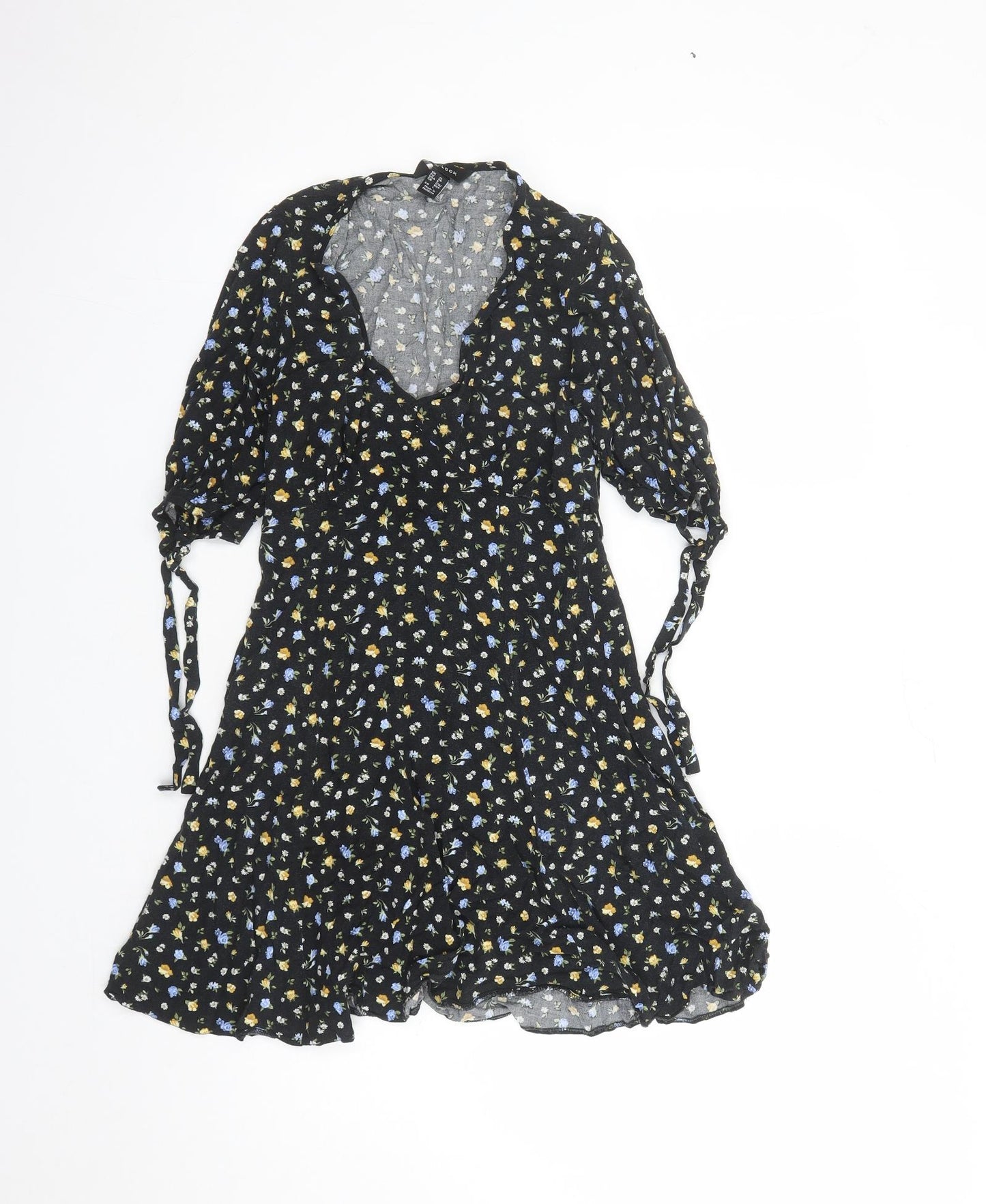 New Look Womens Black Floral Viscose A-Line Size 10 V-Neck Zip