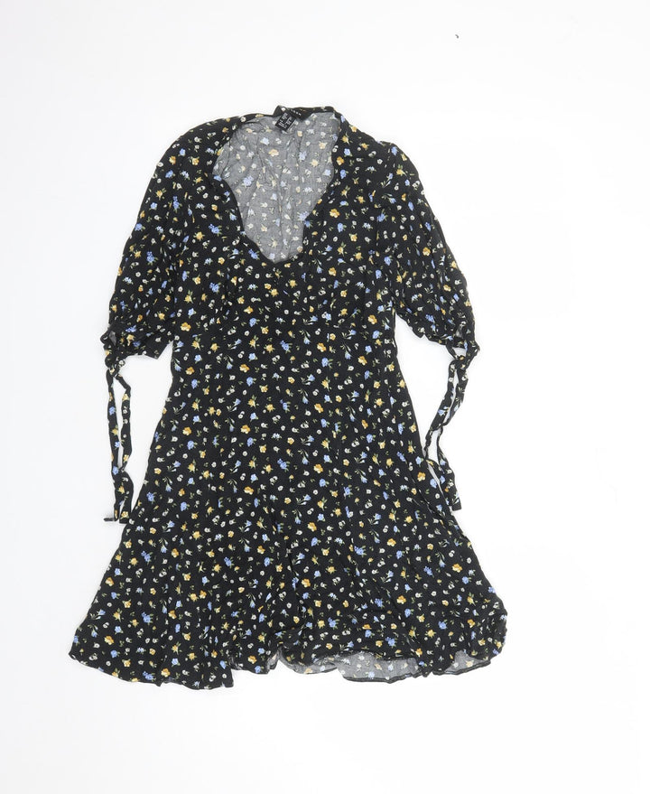 New Look Womens Black Floral Viscose A-Line Size 10 V-Neck Zip